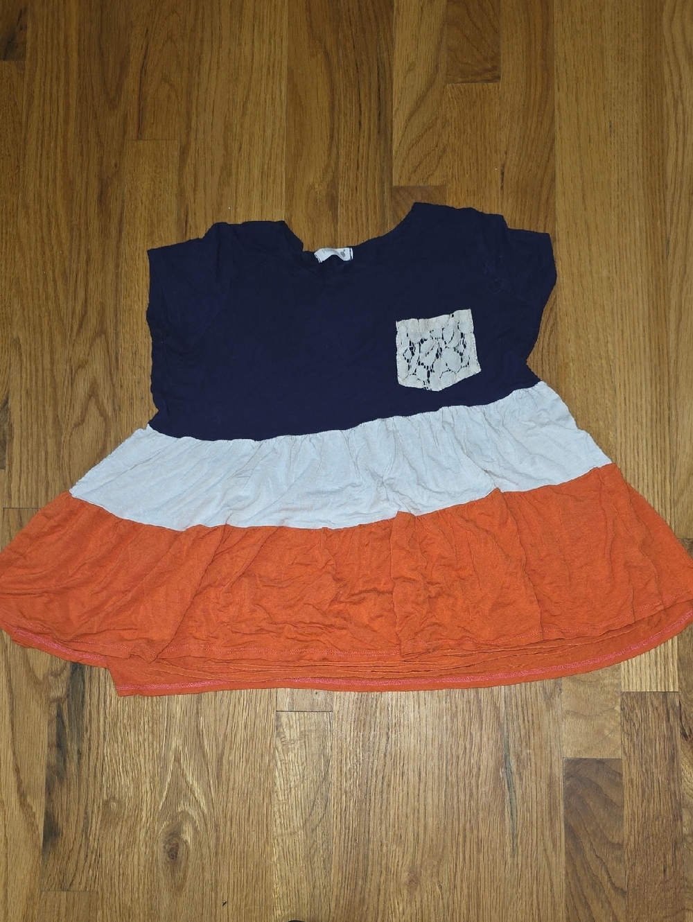 Pomelo Navy, White & Orange Flowy Top with White Lace Pocket